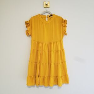 MIHOLL Tiered Dress Small Mustard Yellow Ruffle Flutter Sleeve Lined Preppy